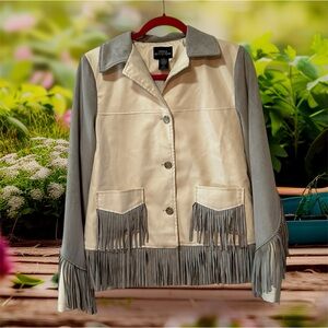 URBAN OUTFITTERS Ivory and Gray Faux Leather Fringe Jacket